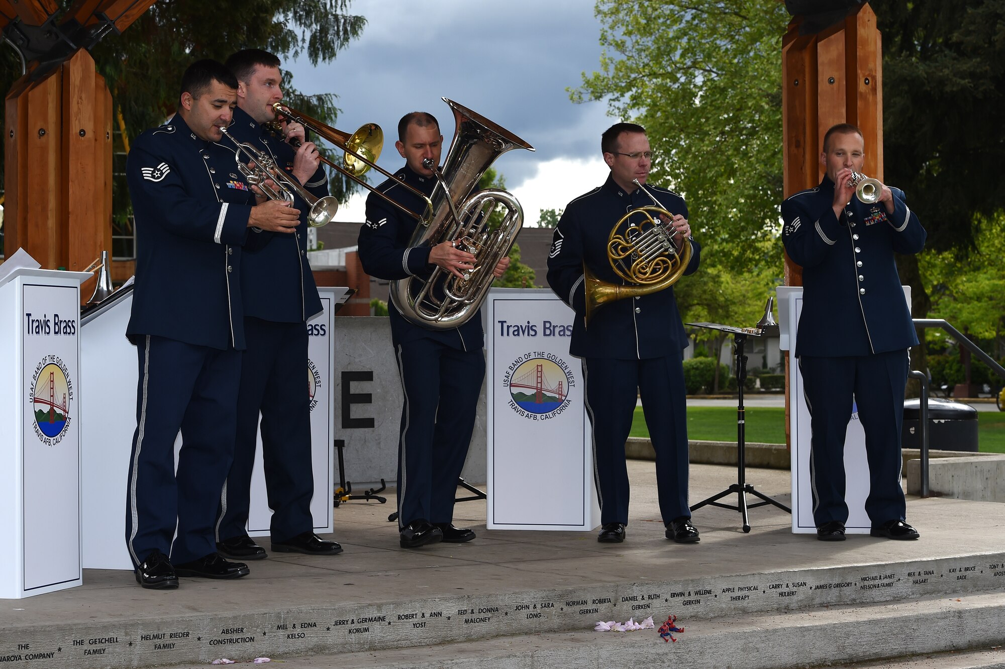 The Travis Brass, an ensemble of the U.S. Air Force Band of the Golden West, performs at Pioneer Park in Park, Wash., April 24, 2016. The band was touring Washington State for eight days performing for audiences near Joint Base Lewis-McChord and Fairchild Air Force Base. (U.S. Air Force photo/Staff Sgt. Naomi Shipley)