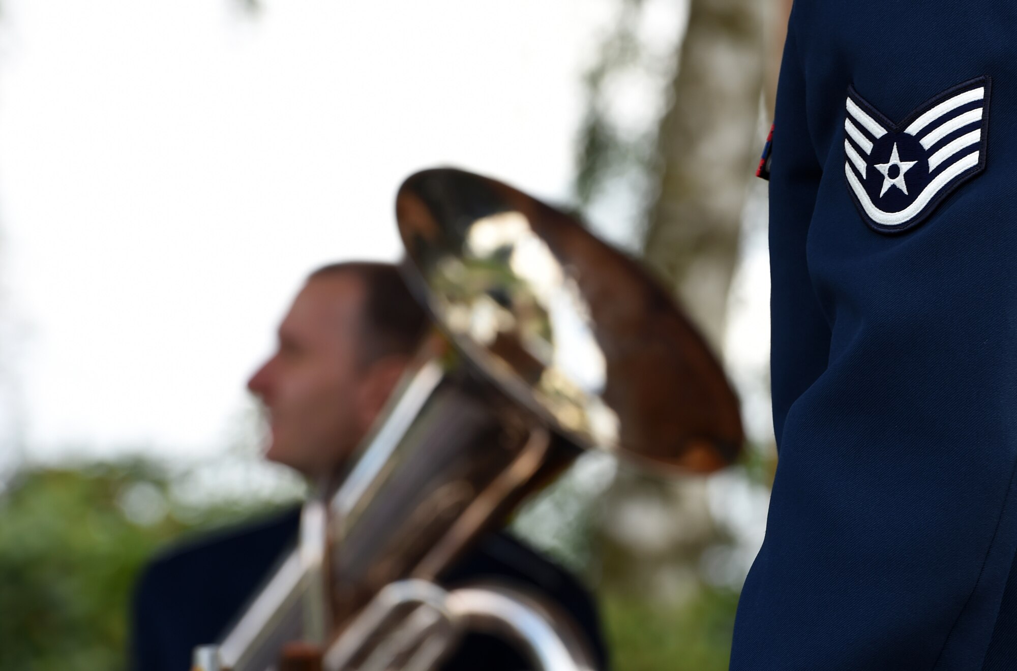The Band of the Golden West Travis Brass practices before performing at Pioneer Park in Puyallup, Wash., April 24, 2016. The band visited Joint Base Lewis-McChord, Wash., and surrounding communities April 24-27 as part of their eight day tour of Washington. (U.S. Air Force photo/Staff Sgt. Naomi Shipley)