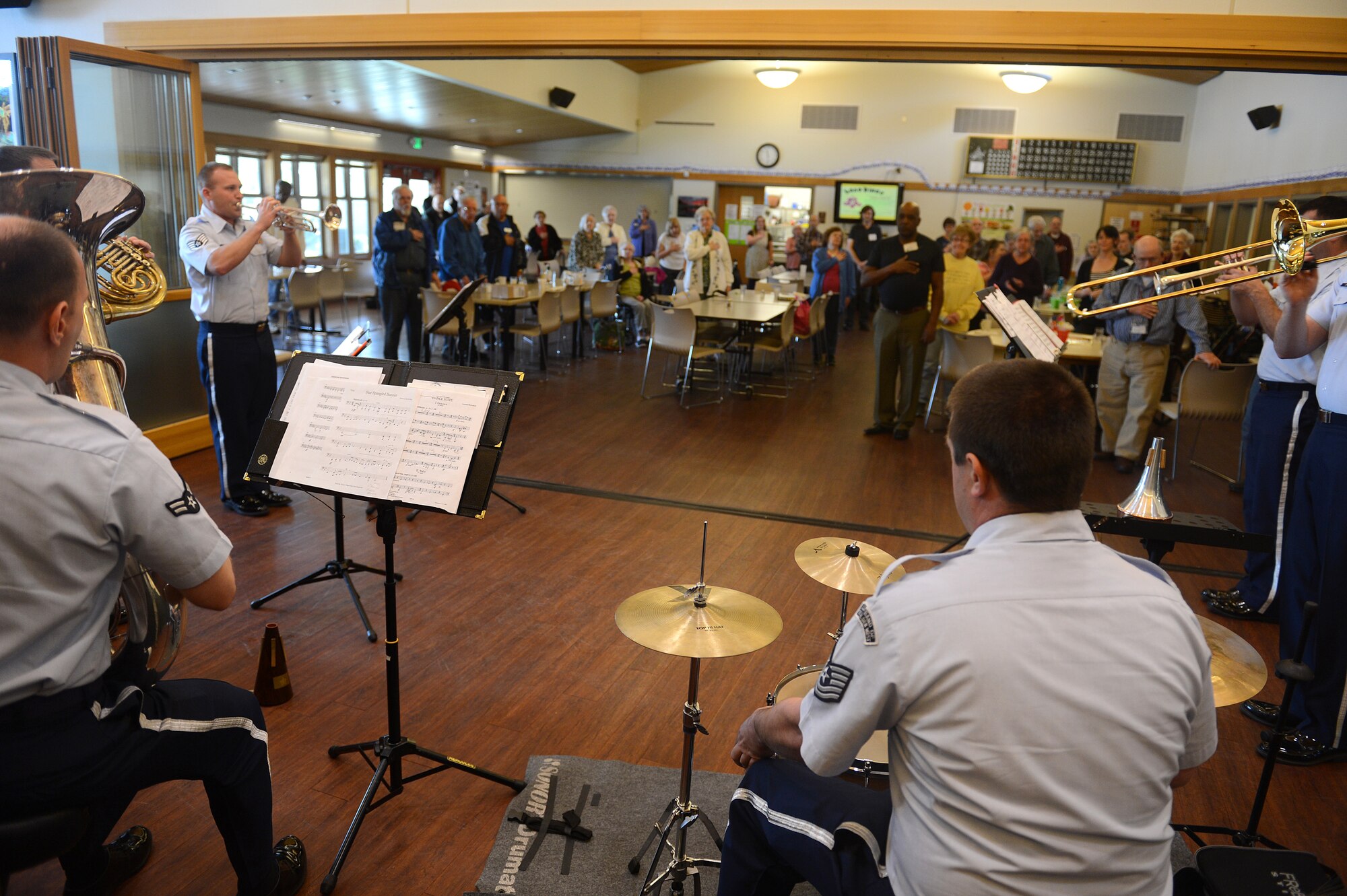 The United States Air Force Band of the Golden West Travis Brass performs at the Virgil Clarkson Senior Center, Tacoma, Wash., April 26, 2016. The Travis Brass ended its 2016 Washington tour by performing for more than 60 veterans and their family members. (U.S. Air Force photo/Senior Airman Divine Cox)
