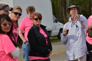 Timothy Christensen, environmental and natural resources specialist assigned to the733rd Civil Engineer Division, briefs volunteers before a shoreline planting at Fort Eustis, Va., April 19, 2016. The CED hosts the marsh grass planting every year in an effort to prevent erosion and preserve inland habitats of the installation. (U.S. Air Force photo by Staff Sgt. Natasha Stannard)