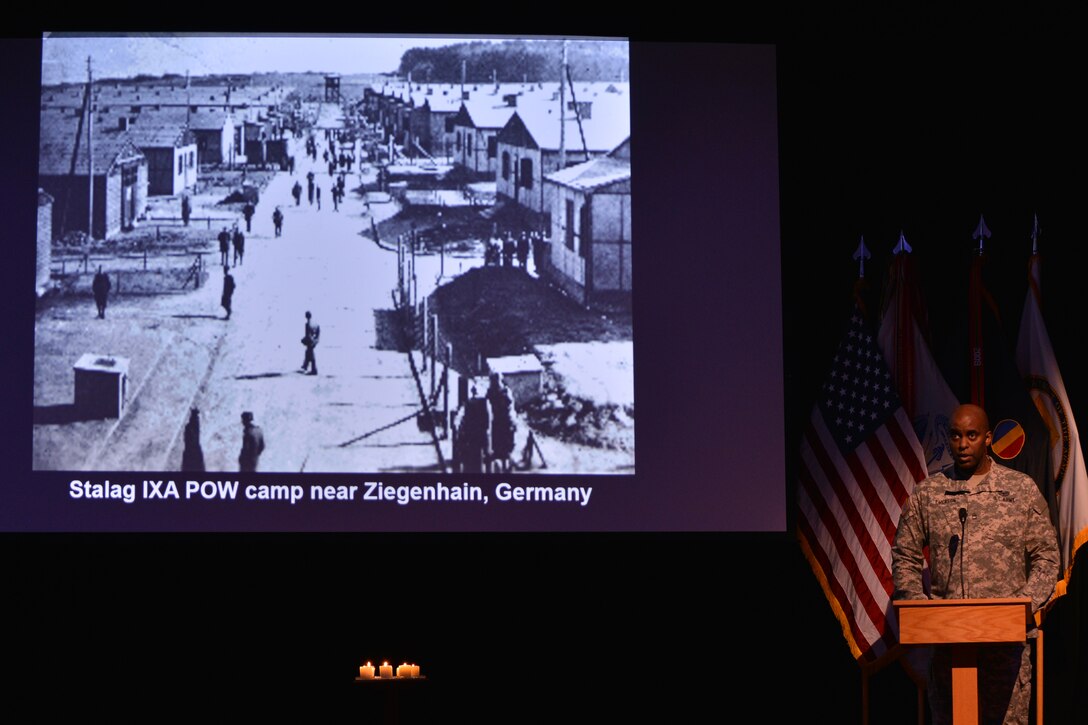 U.S. Army Sgt. 1st Class Vincent Emerson, Holocaust Days of Remembrance ceremony presenter, shares the rescue story of Master Sgt. Roddie Edmunds at Fort Eustis, Va., April, 20, 2016. Edmunds’ actions protecting Jewish soldiers while in a prisoner of war camp were honored posthumously by the Yad Vashem Holocaust Museum in Israel as “Righteous Among the Nations.” (U.S. Air Force photo by Staff Sgt. Natasha Stannard)
