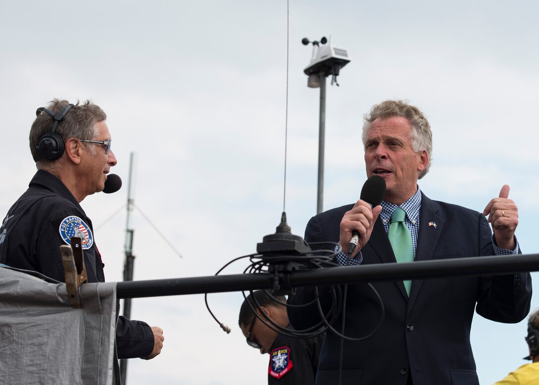 Virginia Governor Terry McAullife addresses a crowd during the AirPower over Hampton Roads Open House at Langley Air Force Base, Va., April 23. 2016. The open house gives military and civilian personnel the opportunity to get up-close-and-personal with various aircraft, as well as witness the Air Force’s past and present capabilities in airpower. (U.S. Air Force photo by Airman 1st Class Derek Seifert)