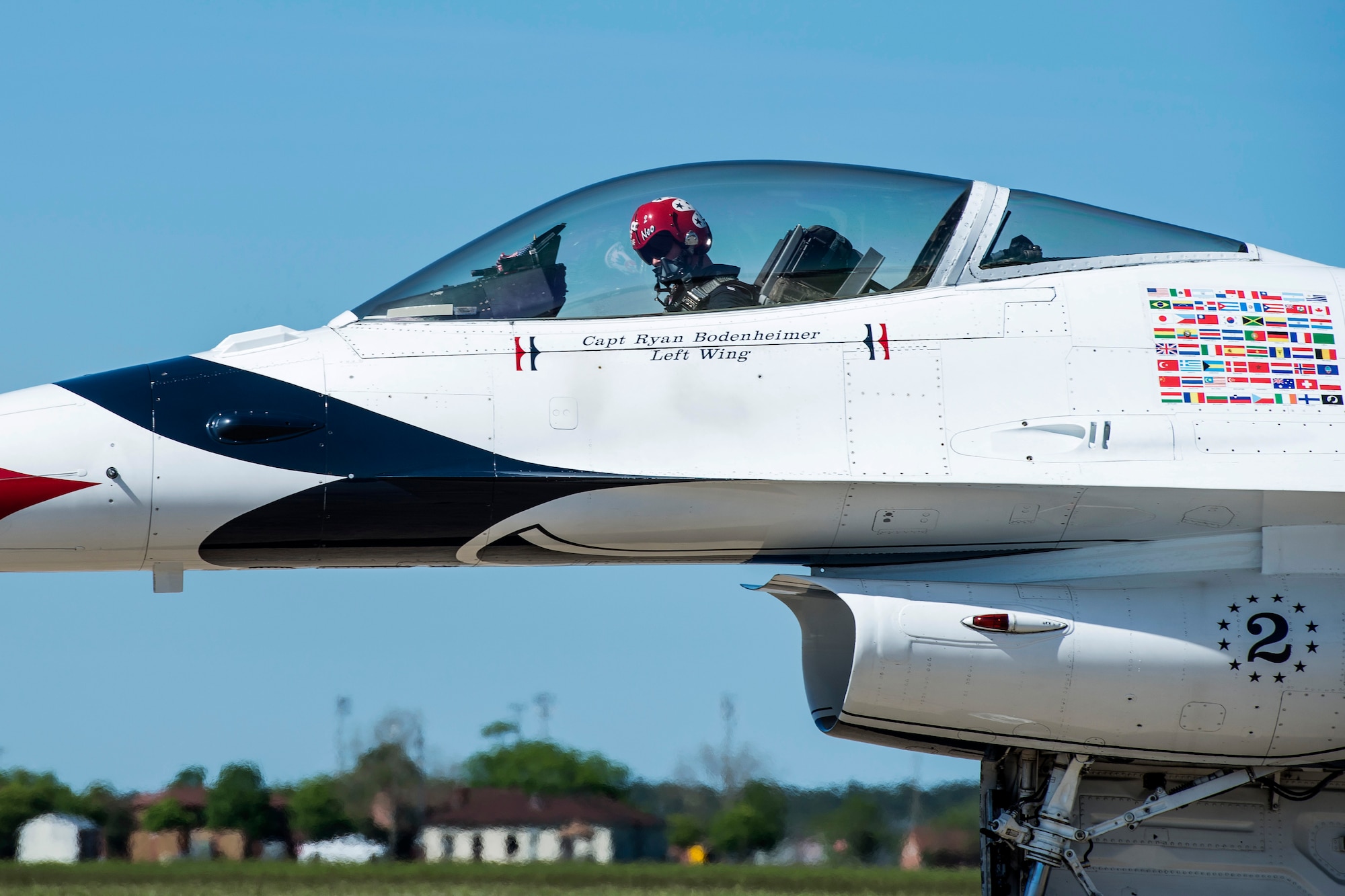 U.S. Air Force Capt. Ryan Bodenheimer, a pilot for the U.S. Air Force Thunderbirds aerial demonstration team, maneuvers his F-16 Fighting Falcon on the flight line at Langley Air Force Base, Va., April 24, 2016. The Thunderbirds Show Line consists of 24 professionals in various aircraft maintenance specialties and they are selected before each demonstration season based on their job proficiency, dedication to duty, and overall attitude. (U.S. Air Force photo by Airman 1st Class Derek Seifert)