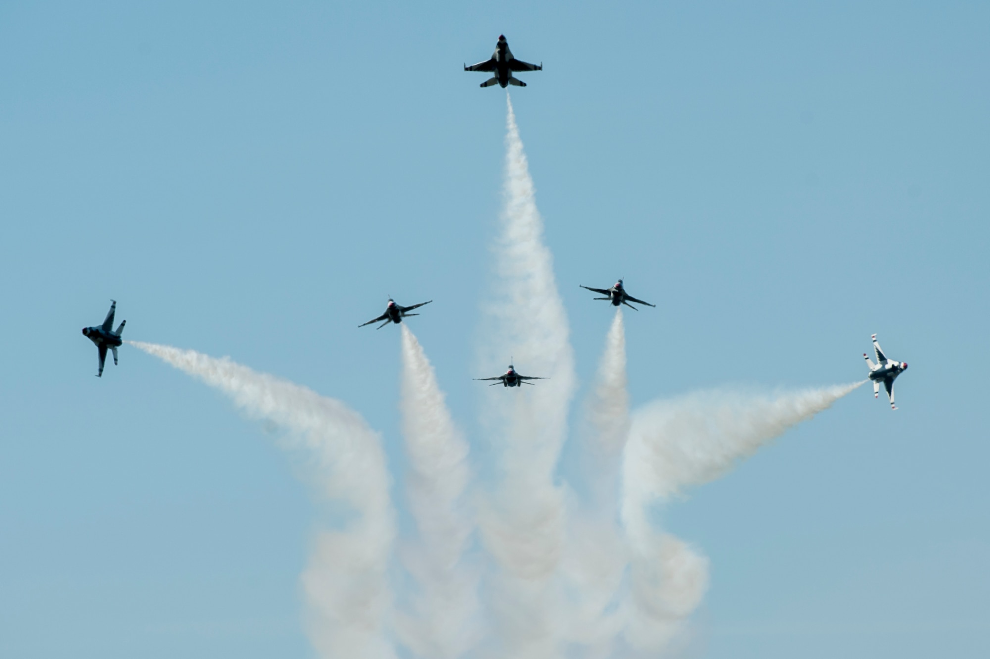 The Thunderbirds aerial demonstration team paint the sky during the AirPower over Hampton Roads Open House at Langley Air Force Base, Va., April 24, 2016. Millions of people have witnessed the Thunderbirds demonstrations, and in turn, have seen the pride, professionalism and dedication of hundreds of thousands of Airmen serving at home and abroad. (U.S. Air Force photo by Airman 1st Class Kaylee Dubois)