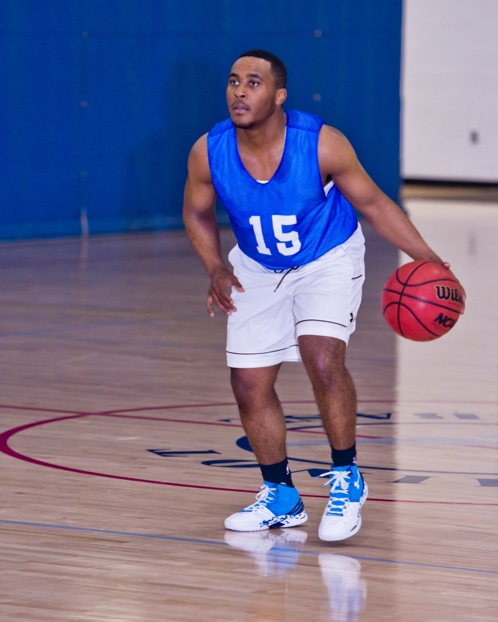 Members of the 791st Missile Security Forces Squadron played against the 5th Security Forces Squadron in the intramural basketball championship game at Minot Air Force Base, N.D., April 19, 2016. The 791st MSFS won the championship game with a final score of 83 to 63. (U.S. Air Force photos/Airman 1st Class J.T. Armstrong)