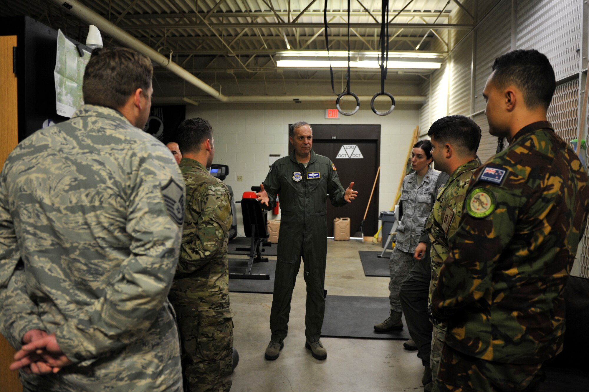 U.S. Air Force Maj. Gen. Jerry Martinez, Air Mobility Command Director of Operations, meets with SERE specialist from Little Rock Air Force Base, Ark. and New Zealand, April 18, 2016, at Fort Polk, La., during Green Flag 16-06.  The Royal Australian Air Force, Royal New Zealand Air Force and U.S. Air Force train during Green Flag Little Rock to ensure all aircrew can effectively communicate. (U.S. Air Force photo by Staff Sgt. Jeremy McGuffin)