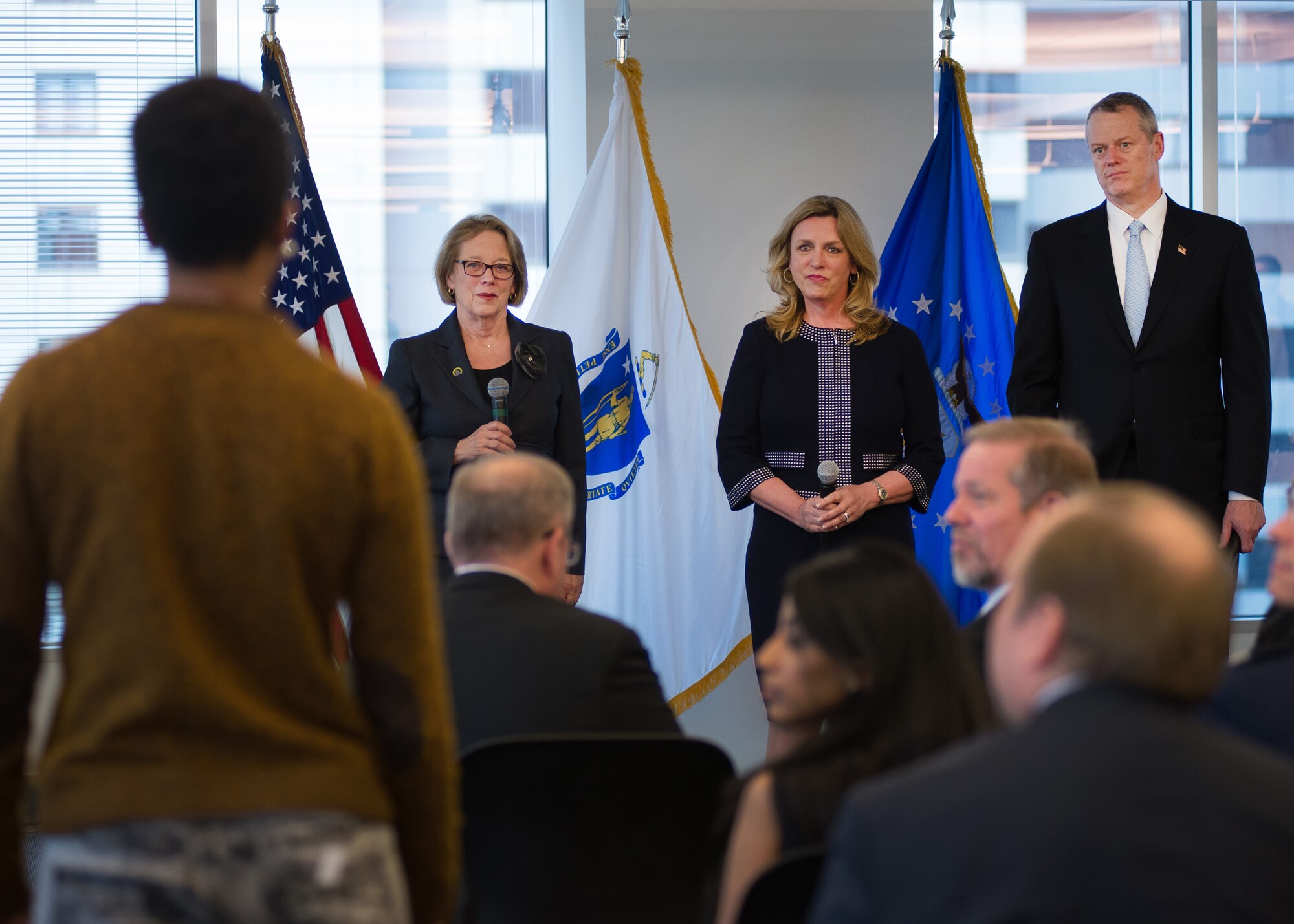 Secretary of the Air Force Deborah Lee James, center, U.S. Rep. Niki Tsongas, left, and Mass. Gov. Charlie Baker listen to a question from an audience member during the inaugural Air Force Innovation Forum in Boston April 22. The forum is a way for the Air Force to expand relationships with companies that traditionally have not worked with the Department of Defense. At the event Secretary James announced more than $7 million in projects over the next two fiscal years that will be targeted toward rapid acquisitions with non-traditional defense companies. (U.S. Air Force photo by Mark Herlihy)  