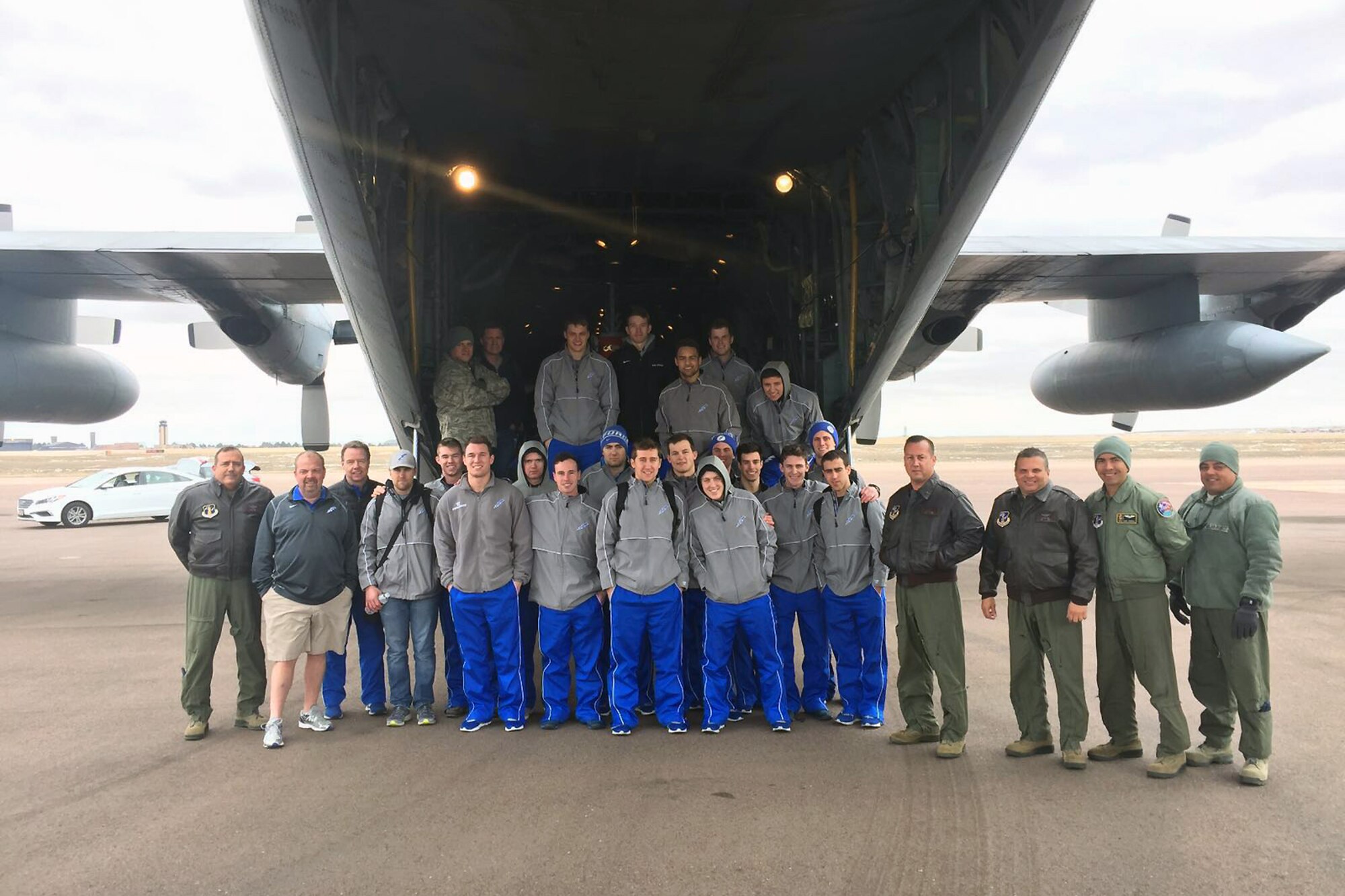 U.S. airmen of the 156th Operations Group, Puerto Rico Air National Guard, provide airlift transport on a WC-130 Hercules aircraft to the U.S. Air Force Academy ice hockey team from Rochester, N.Y. to Colorado Springs, Colo., Mar 19. The 156th Airlift Wing deployed one of its WC-130 Hercules aircraft March 18 from Muñiz Air National Guard Base, Carolina, Puerto Rico to Rochester, N.Y. in support of the Air National Guard weekend dedicated airlift mission. (U.S. Air National Guard photo by Maj. Luis Martinez)