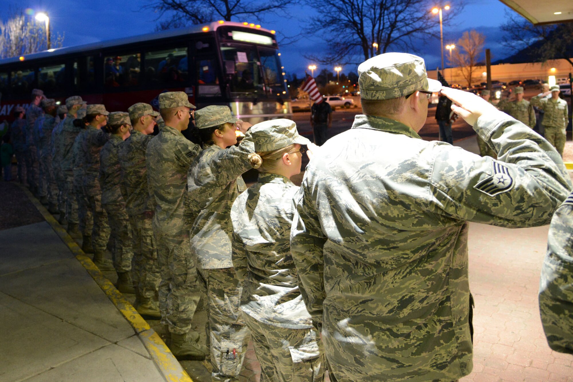 COLORADO SPRINGS, Colo. – Volunteers from the Air Force Sergeants Association welcome home a group of veterans April 23, 2016 from a trip to Washington, D.C. as part of the Honor Flight program. Honor Flight transports veterans to Washington, D.C. to visit and reflect at the memorials. (U.S. Air Force photo by Master Sgt. Jared Marquis)