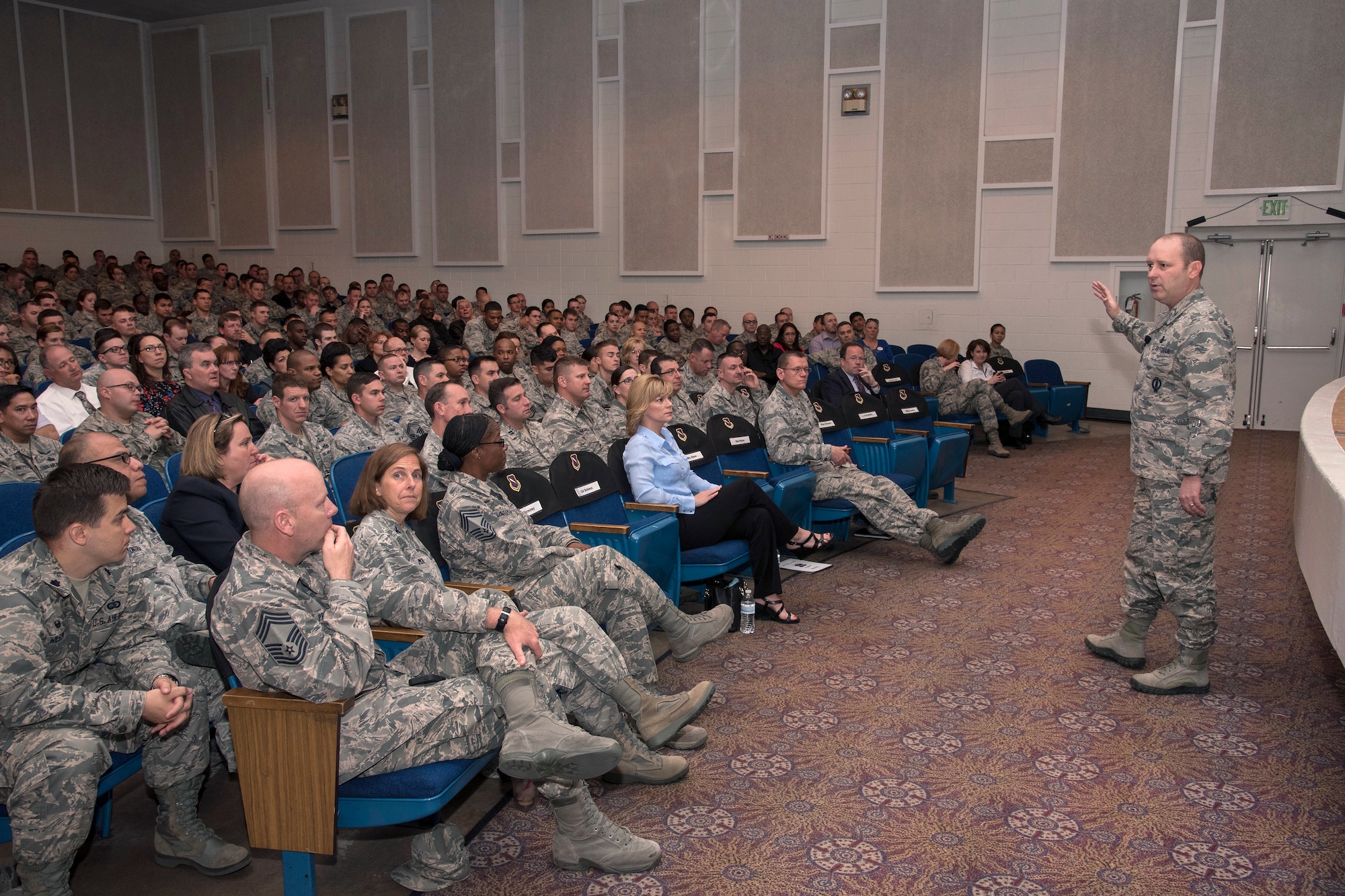 PETERSON AIR FORCE BASE, Colo. – Col. Douglas Schiess, 21st Space Wing commander speaks with Team Pete personnel during the morning commander’s call on April 21, 2016. The 21st Space Wing received the General Thomas S. Moorman Jr. Trophy from Gen. John E. Hyten, Air Force Space Command commander, for best overall wing in Air Force Space Command. (U.S. Air Force Photo by Craig Denton)