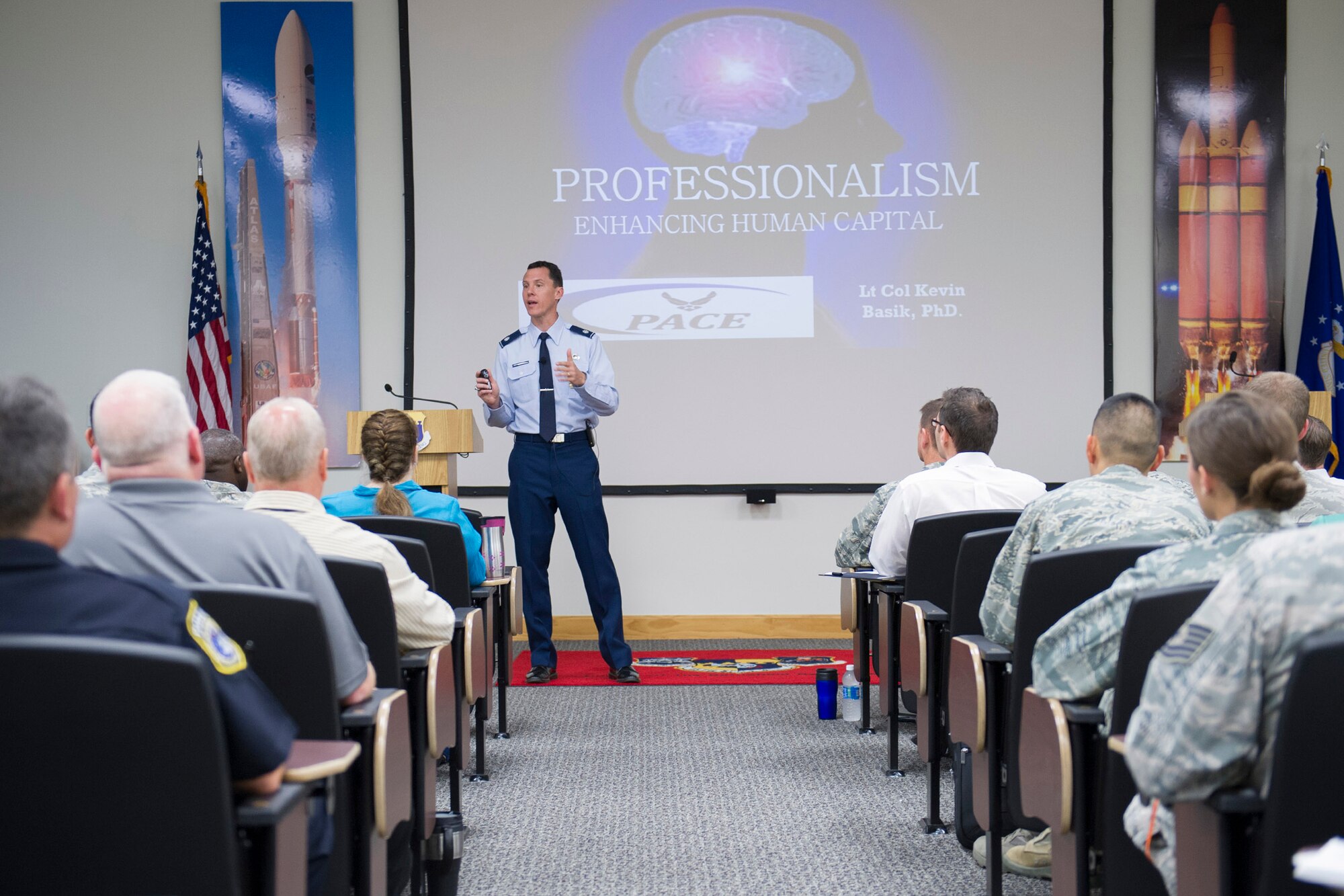 Lt. Col. Kevin Basik, PhD, the U.S. Air Force representative to the office of the Senior Advisor to the Secretary of Defense for Military Professionalism, spoke to the 45th Space Wing about Professionalism, Enhancing Human Capital April 26, 2016 at the Patrick Air Force Base Professional Development Center, Fla. The course provided an initiative in-depth discussion at the deliberate path for the development and determination of future leaders. (U.S. Air Force photos/Matthew Jurgens) (Released) 
