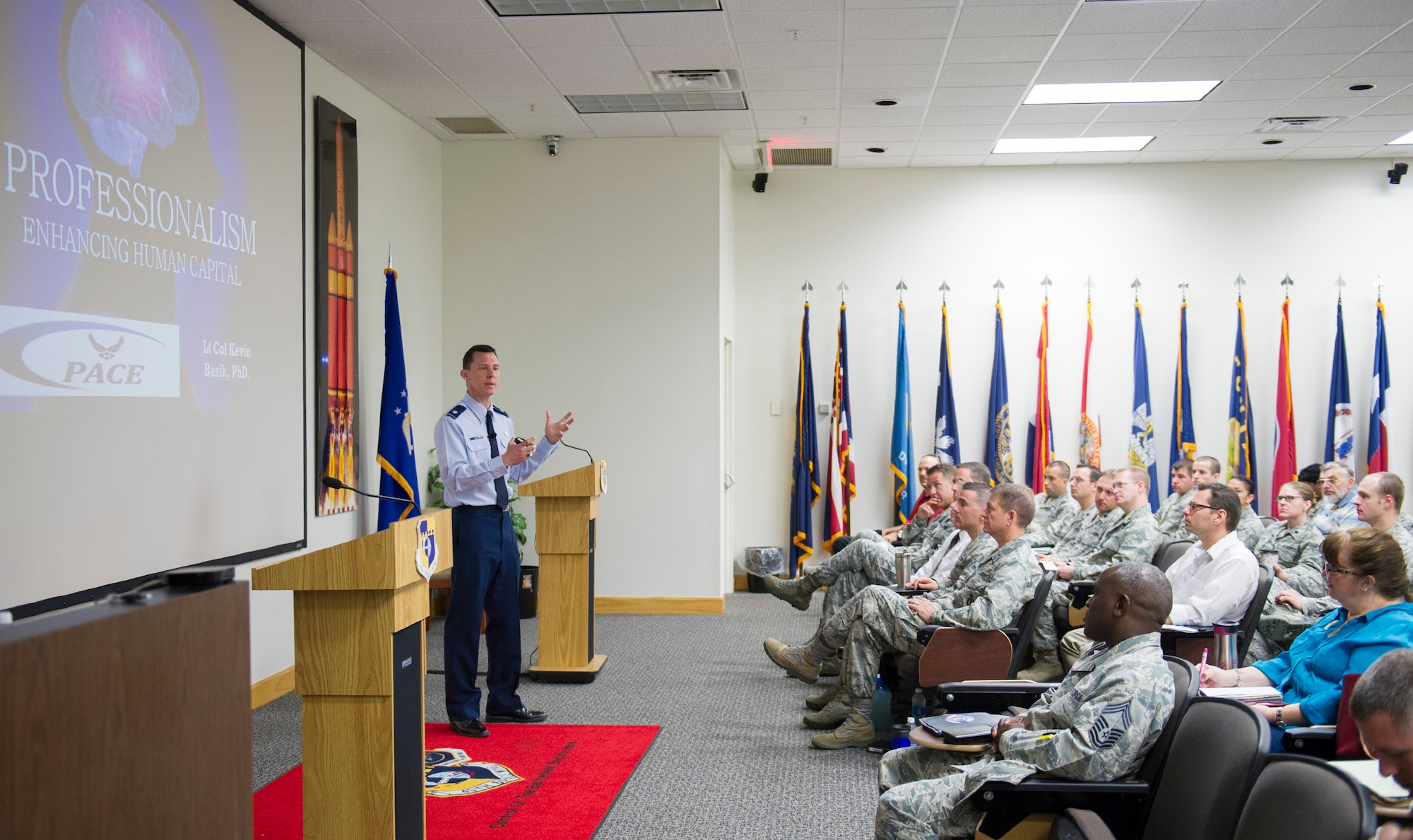 Lt. Col. Kevin Basik, PhD, the U.S. Air Force representative to the office of the Senior Advisor to the Secretary of Defense for Military Professionalism, spoke to the 45th Space Wing about Professionalism, Enhancing Human Capital April 26, 2016 at the Patrick Air Force Base Professional Development Center, Fla. The course provided an initiative in-depth discussion at the deliberate path for the development and determination of future leaders. (U.S. Air Force photos/Matthew Jurgens) (Released) 
