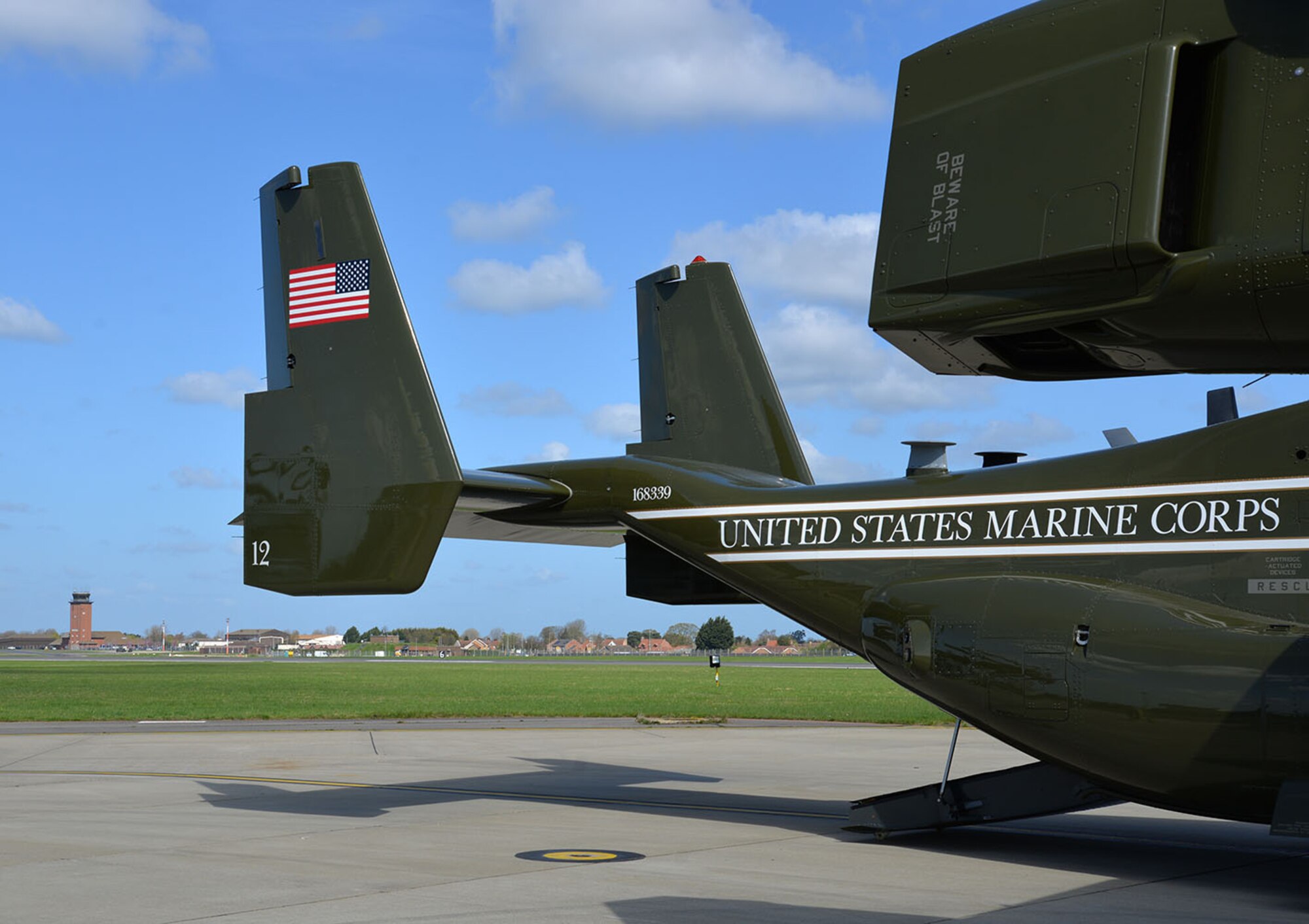 A U.S. Marine Corps MV-22 Osprey sits on the flightline April 19, 2016, on RAF Mildenhall, England. The multi-mission, tilt-rotor military aircraft, based out of Quantico, Va., were at RAF Mildenhall in support of the President’s visit to the United Kingdom for bilateral meetings and to the Hannover Messe being held in Germany. U.S. European Command and US Air Forces in Europe-Air Forces Africa were working with other government agencies in the U.K. and Germany to provide assistance as requested, to ensure a successful visit. (U.S. Air Force photo by Karen Abeyasekere/Released)