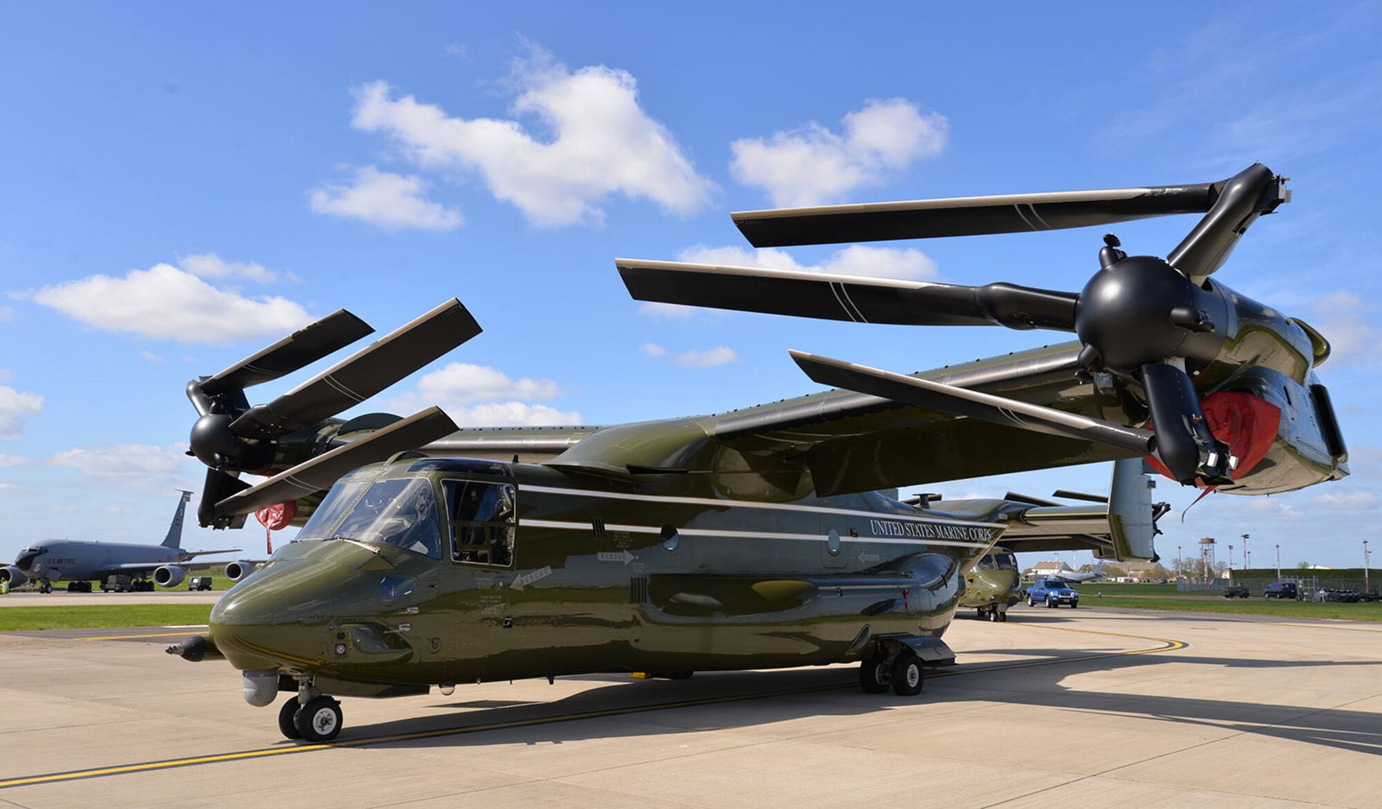 A U.S. Marine Corps MV-22 Osprey sits on the flightline April 19, 2016, on RAF Mildenhall, England. The multi-mission, tilt-rotor military aircraft, based out of Quantico, Va., were at RAF Mildenhall in support of the President’s visit to the United Kingdom for bilateral meetings and to the Hannover Messe being held in Germany. U.S. European Command and US Air Forces in Europe-Air Forces Africa were working with other government agencies in the U.K. and Germany to provide assistance as requested, to ensure a successful visit. (U.S. Air Force photo by Karen Abeyasekere/Released)