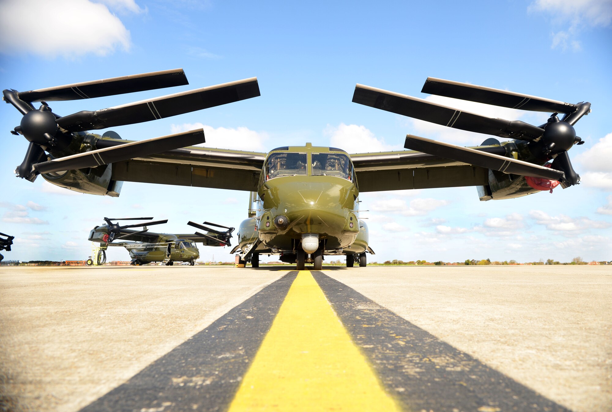 A U.S. Marine Corps MV-22 Osprey from Quantico, Va., sits on the flightline April 19, 2016, on RAF Mildenhall, England. The aircraft deployed to Europe in support of the President’s visit to the United Kingdom and Germany where he held bilateral meetings and participated in the Hannover Messe. (U.S. Air Force photo by Airman 1st Class Tenley Long/Released)