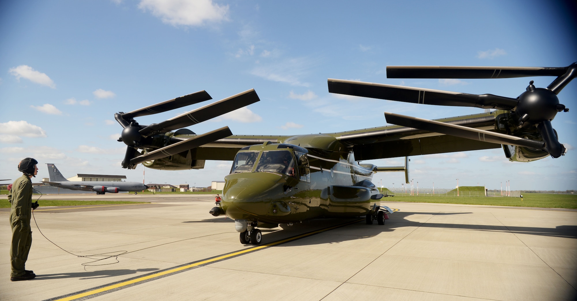 U.S. Marine Corps Staff Sgt. Patrick Riley and Cpl. Jonathan Renshaw, MV-22 Osprey crew chiefs, conduct pre-flight inspections to ensure the aircraft are flight ready April 19, 2016, on RAF Mildenhall, England. The aircraft were on the flightline in support of the President’s visit to the United Kingdom and Germany where he held bilateral meetings and participated in the Hannover Messe. U.S. European Command and U.S. Air Forces in Europe-Air Forces Africa were working with other government agencies and authorities in the U.K. and Germany to provide assistance as requested to ensure a successful visit. (U.S. Air Force photo by Airman 1st Class Tenley Long/Released)