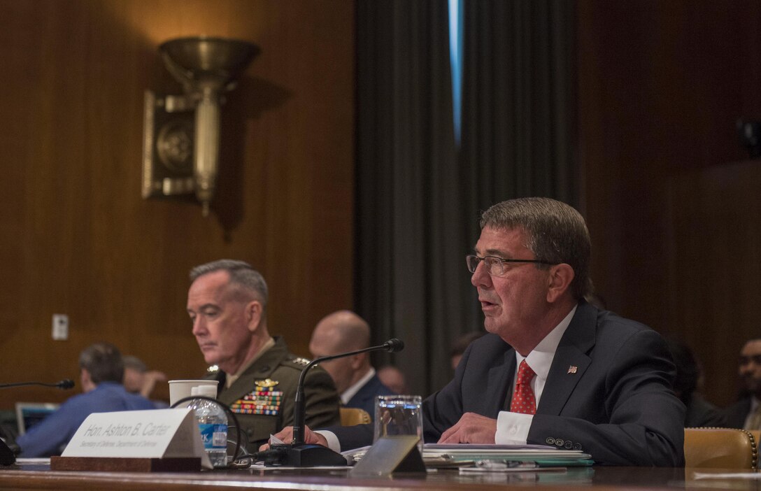 Defense Secretary Ash Carter testifies on the Defense Department's fiscal year 2017 budget request before the Senate Appropriations Committee's defense subcommittee as Marine Corps Gen. Joe Dunford, chairman of the Joint Chiefs of Staff, listens in Washington D.C., April 27, 2016. DoD photo by Air Force Senior Master Sgt. Adrian Cadiz