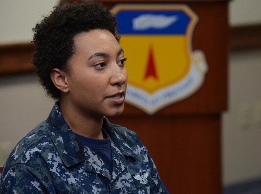 U.S. Navy Aviation Electronics Technician Airman Kiara Williams answers a question from board members during a Sexual Assault Prevention and Response competition April 27, 2016, at Andersen Air Force Base, Guam. The nationally recognized SAPR event reinforced awareness of sexual assault and harassment within the military through healthy competition in a joint environment. (U.S. Air Force photo by Airman 1st Class Arielle Vasquez/Released)