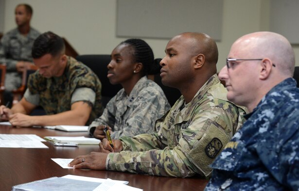 Board members listen to service members’ answers during a Sexual Assault Prevention and Response competition April 27, 2016, at Andersen Air Force Base, Guam. To conclude the Sexual Assault Awareness and Prevention Month, Task Force Talon, 36th Wing, Joint Region Marianas and Marine Corps Activity Equal Opportunity/SAPR offices conducted a joint competition to promote esprit de corps and bring awareness to the SAPR programs. (U.S. Air Force photo by Airman 1st Class Arielle Vasquez/Released)