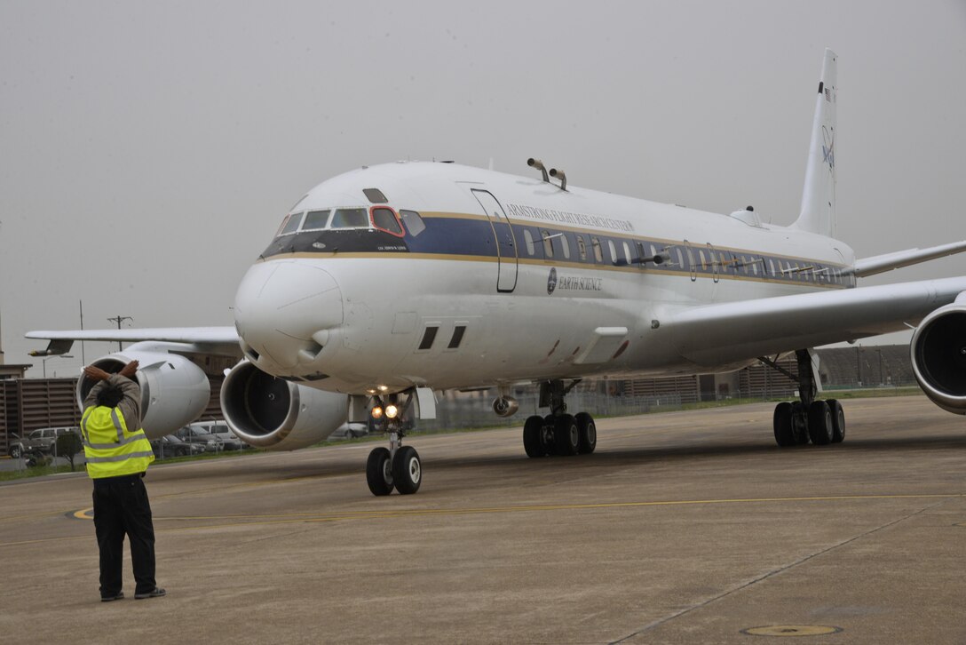 NASA’s Armstrong Flight Research Center DC-8 aircraft parks on the flightline at Osan Air Base, Republic of Korea, April 27, 2016. The research aircraft is at Osan as part of a six-week cooperative Korean and U.S. air-quality study to advance the ability to monitor air pollution from space. (U.S. Air Force photo by Tech. Sgt. Travis Edwards/Released)