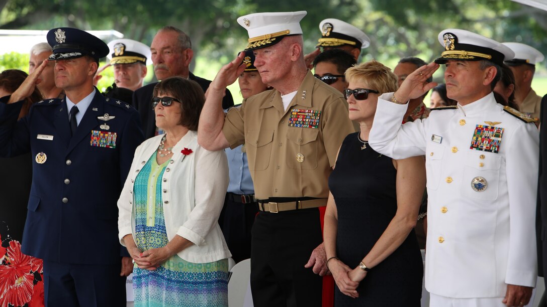 Lt. Gen. John A. Toolan salutes during the Australia New Zealand Army Corps Day commemoration ceremony April 25, 2016 at the National Memorial Cemetery of the Pacific. Toolan, who attended the ANZAC Day Ceremony at the National Memorial Cemetery of the Pacific, is the commander of U.S. Marine Corps Forces, Pacific. 