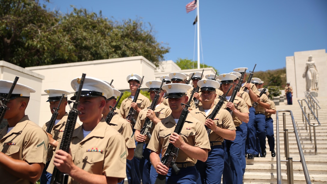 Marines from 2nd Battalion, 3rd Marine Regiment march down the National Memorial Cemetery of the Pacific, Honolulu, to “Waltzing Matilda,” a famous Australian ballad, April 25, 2016. This is the 44th year U.S. Marines have participated in the commemoration of the Australia New Zealand Army Corps Day, highlighting a long-lasting friendship between the three countries. 