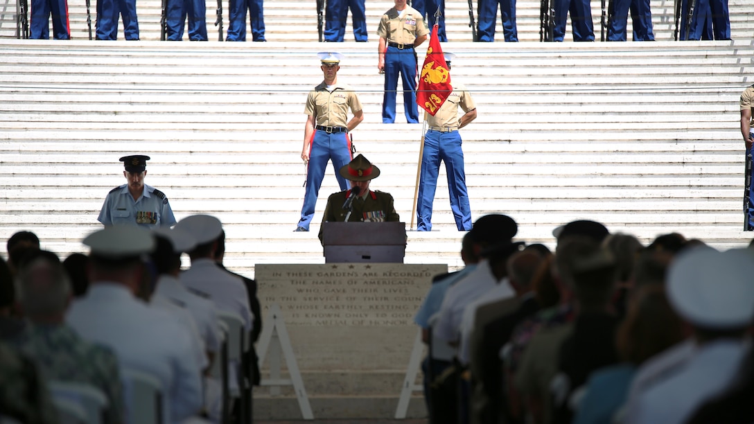 Brigadier John Boswell delivers the commemorative address during the Australia New Zealand Army Corps Day ceremony at the National Memorial Cemetery of the Pacific April 25, 2016. Boswell is the Assistant Chief with Strategic Commitments and Engagements for the New Zealand Defense Force. This is the 44th year U.S. Marines have participated in the ceremony, highlighting the long-lasting friendship between the three nations that continues to the present day. 