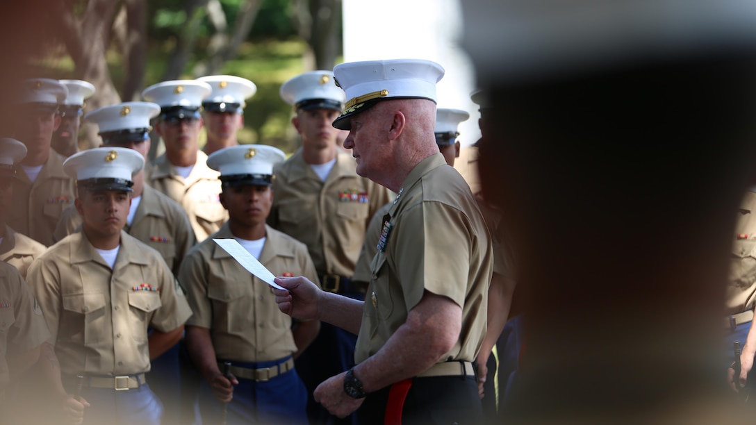 Lt. General John A. Toolan addresses the Marines who participated in the Australia New Zealand Army Corps Day Commemoration ceremony at the National Memorial Cemetery of the Pacific April 25, 2016. Toolan is the commander of Marine Corps Forces, Pacific. Toolan highlighted the significance of ANZAC day when he focused on the long-lasting friendship between the three nations that continues to the present day. 