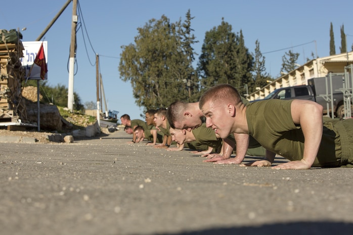 U.S. Marines with Black Sea Rotational Force preform push-ups together after completing a unit run during Exercise Juniper Cobra in Israel, Feb. 13, 2016. JC is a combined Israeli-U.S. exercise designed to improve interoperability between the two countries' armed forces. 