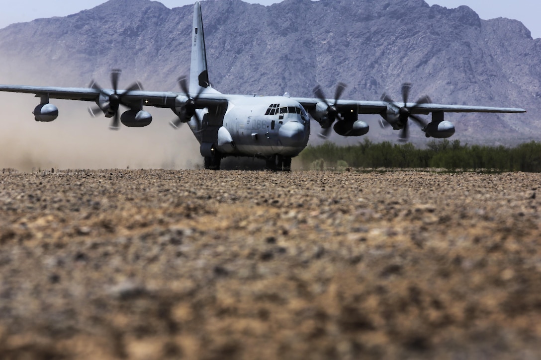 A Marine Corps KC-130J Hercules aircraft lands during Final Exercise 3 during the Weapons and Tactics Instructor course 2-16 at Stoval Airfield, near Yuma, Ariz., April 23, 2016. Marine Corps photo by Lance Cpl. Zachary M. Ford