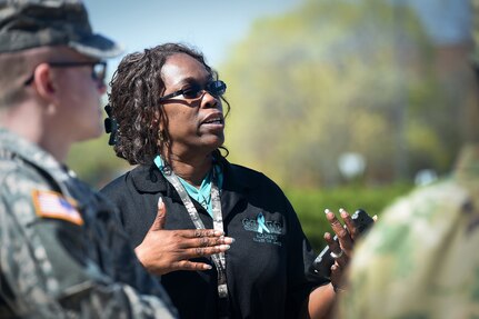 Deborah Plowden, Sexual Assault Response Coordinator, 85th Support Command, gives opening remarks before leading participants in an installation-walk to spread awareness to Sexual Assault Awareness Prevention. The walk, conducted at the Paul G. Schulstad Army Reserve Center, was an interactive event with participants from the 85th Support Command and the Defense Contract Management Agency-Chicago, April 22, 2016. The 85th Support Command’s Sexual Harassment/Assault Response and Prevention team planned various training events, throughout the month, to help spread awareness in what one can do to prevent, respond to and reduce sexual assault within the ranks. April is the U.S. Army’s Sexual Assault Awareness Month.
(U.S. Army photo by Mr. Anthony L. Taylor/Released)