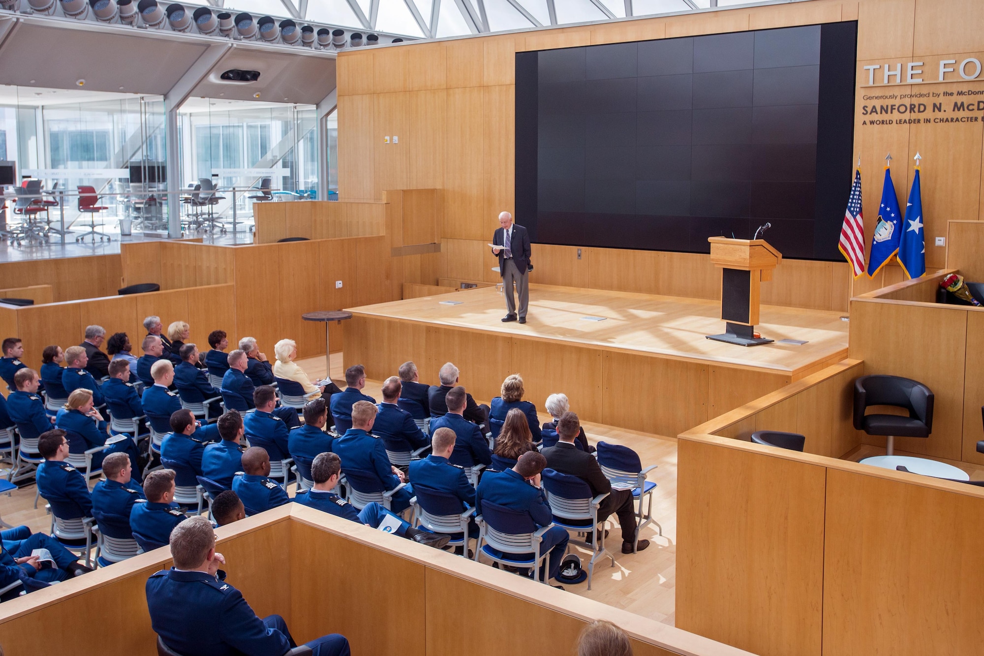 Retired Brig. Gen. Malham Wakin, the U.S. Air Force Academy’s professor emeritus of philosophy, gives an inaugural address to celebrate the grand opening of Polaris Hall and the mission of the CCLD, and doubling as his retirement speech, April 25, 2016. Wakin began teaching at the Academy in 1959. He served as head of the philosophy department, humanities division chair and associate dean. Wakin retired from his active duty Air Force career in 1993.(U.S. Air Force photo/Mike Kaplan)