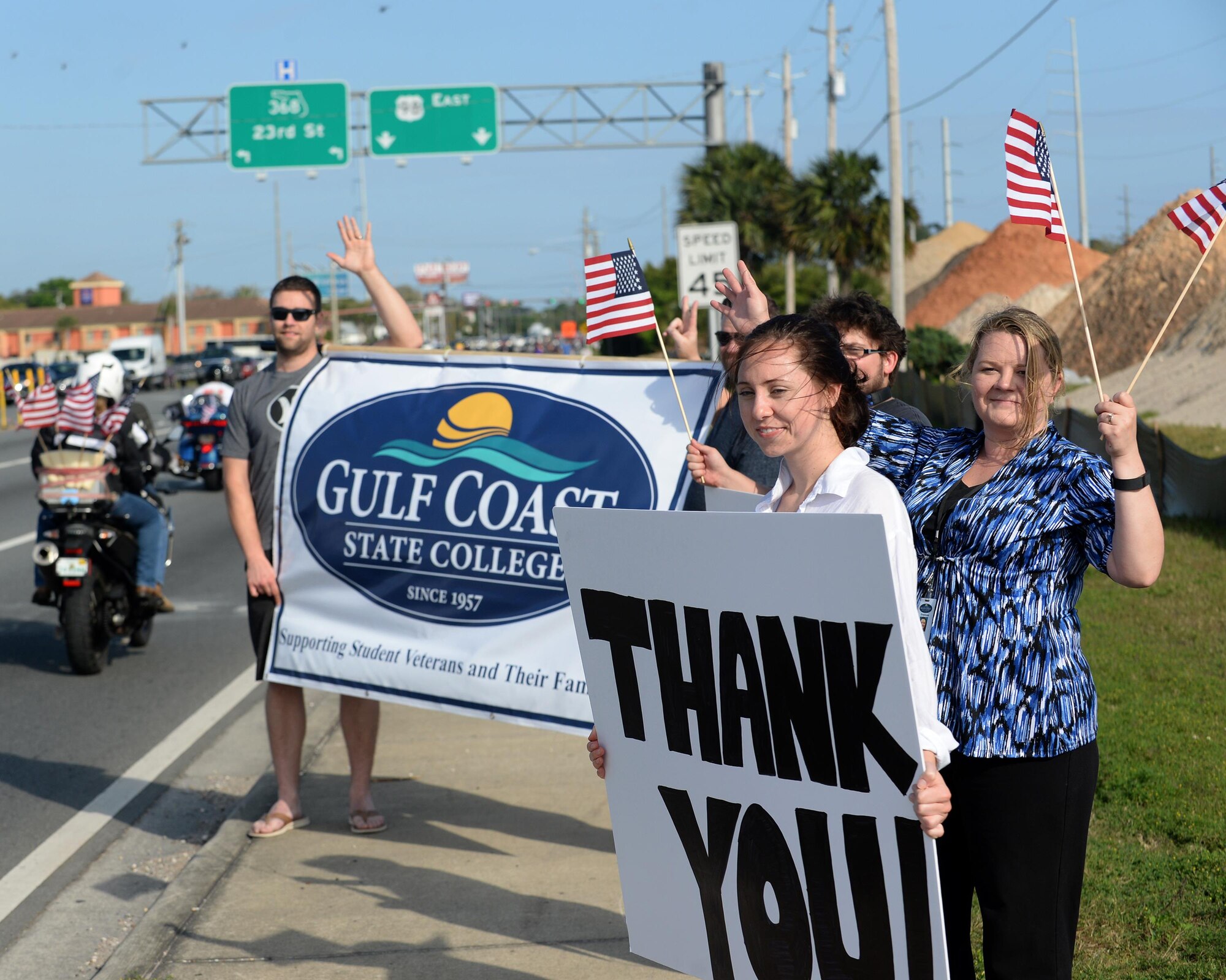 Students from Gulf Coast State College show their support for veterans during the Warrior Beach Retreat parade, April 21, in Panama City Beach, Fla. The retreat is held twice a year to highlight the sacrifice veterans have made for their country. (U.S. Air Force photo by Airman 1st Class Cody R. Miller/Released)

