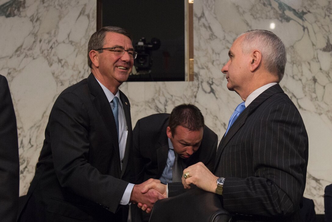 Defense Secretary Ash Carter arrives to testify on counter-Islamic State of Iraq and the Levant operations and Middle East strategy before the Senate Armed Services Committee in Washington, D.C., April 28, 2016. DoD photo by Air Force Master Sgt. Adrian Cadiz