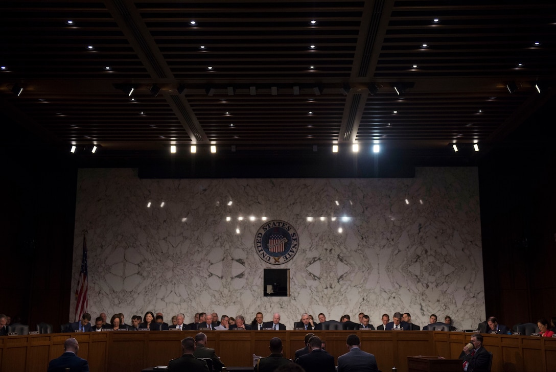 Senate Armed Services Committee members hear testimony on counter-Islamic State of Iraq and the Levant operations and Middle East strategy from Defense Secretary Ash Carter and Marine Corps Gen. Joe Dunford, chairman of the Joint Chiefs of Staff, in Washington, D.C., April 28, 2016. DoD photo by Air Force Master Sgt. Adrian Cadiz