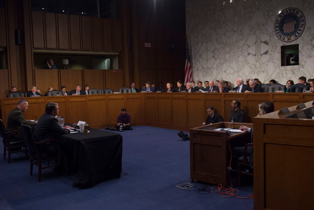 Defense Secretary Ash Carter and Marine Corps Gen. Joe Dunford, chairman of the Joint Chiefs of Staff, testify on counter-Islamic State of Iraq and the Levant operations and Middle East strategy before the Senate Armed Services Committee in Washington, D.C., April 28, 2016. DoD photo by Air Force Master Sgt. Adrian Cadiz