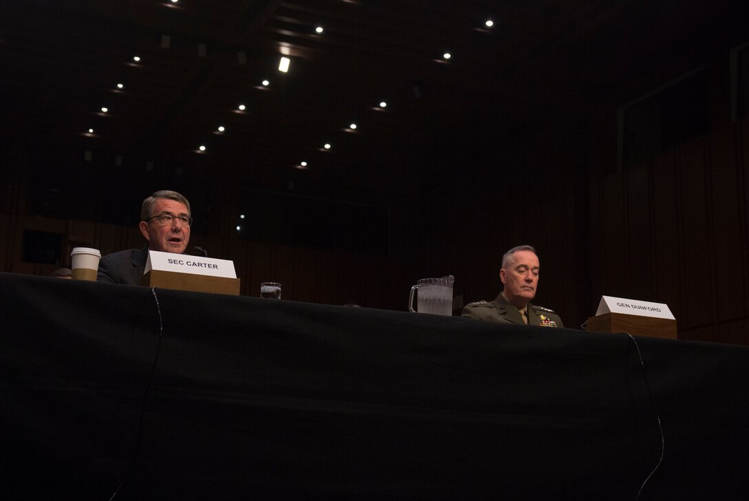 Defense Secretary Ash Carter and Marine Corps Gen. Joe Dunford, chairman of the Joint Chiefs of Staff, testify on counter-Islamic State of Iraq and the Levant operations and Middle East strategy before the Senate Armed Services Committee in Washington, D.C., April 28, 2016. DoD photo by Air Force Master Sgt. Adrian Cadiz