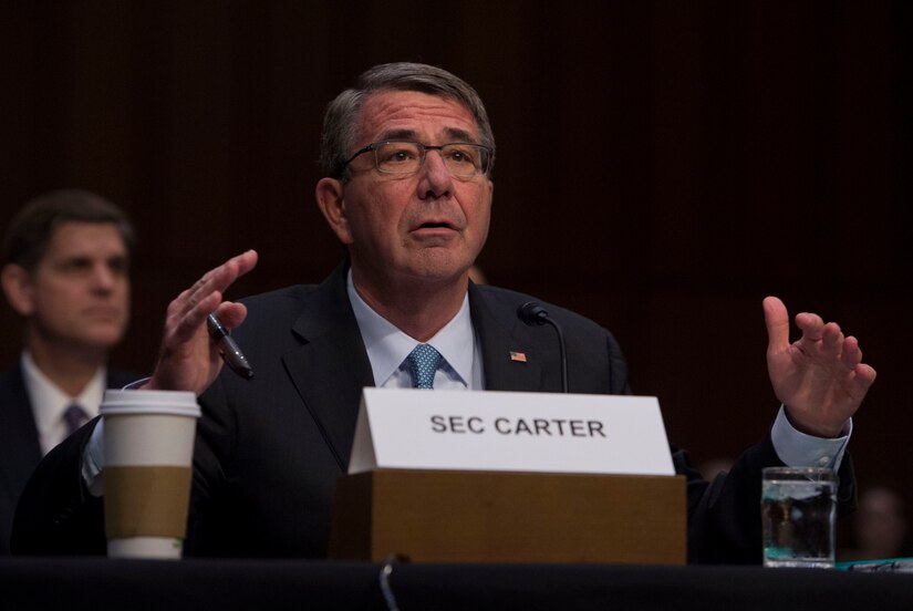 Defense Secretary Ash Carter testifies on counter-Islamic State of Iraq and the Levant operations and Middle East strategy before the Senate Armed Services Committee in Washington D.C., April 28, 2016. Marine Corps Gen. Joe Dunford, chairman of the Joint Chiefs of Staff, also testified. DoD photo by Air Force Master Sgt. Adrian Cadiz