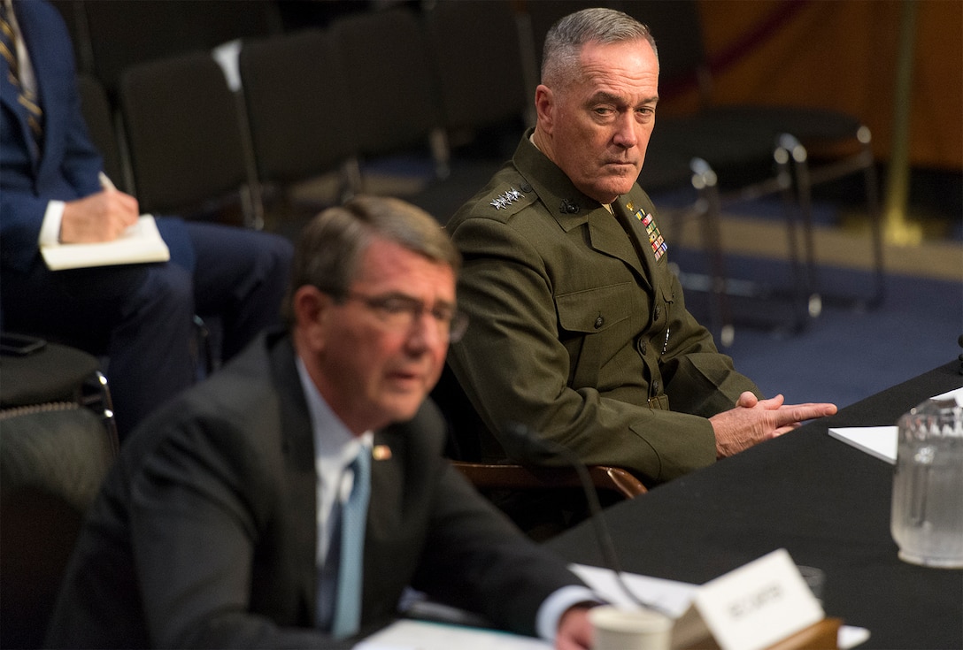 Defense Secretary Ash Carter and Marine Corps Gen. Joe Dunford, chairman of the Joint Chiefs of Staff, testify on counter-Islamic State of Iraq and the Levant operations and Middle East strategy before the Senate Armed Services Committee in Washington, D.C., April 28, 2016. DoD photo by Navy Petty Officer 2nd Class Dominique A. Pineiro