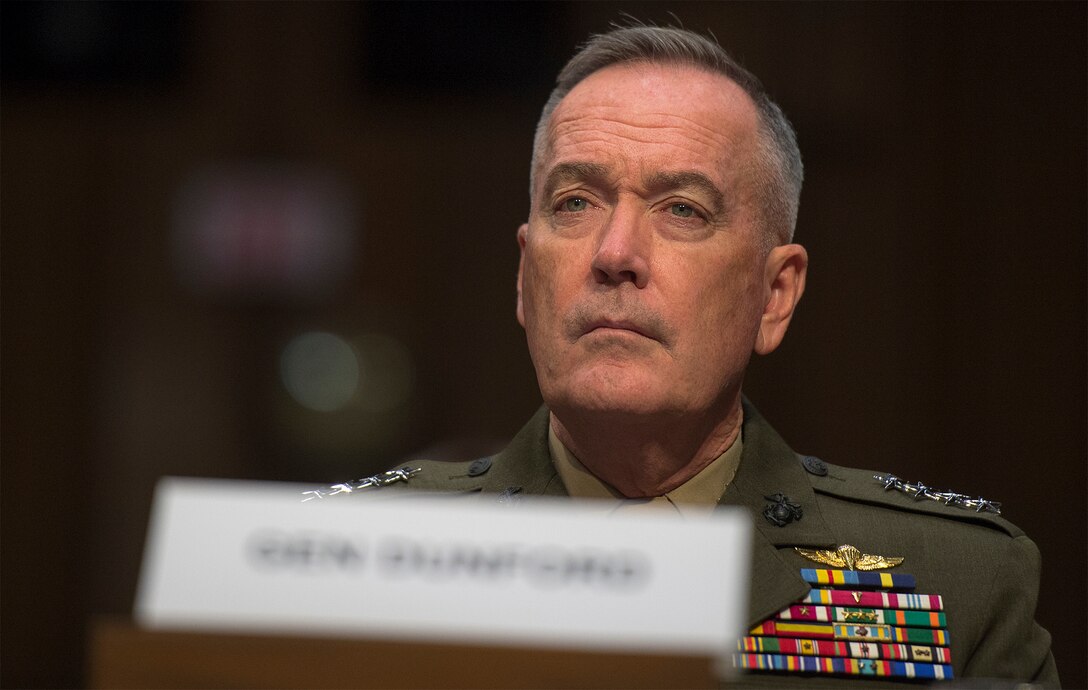Marine Corps Gen. Joe Dunford, chairman of the Joint Chiefs of Staff, testifies on counter-Islamic State of Iraq and the Levant operations and Middle East strategy before the Senate Armed Services Committee in Washington, D.C., April 28, 2016. DoD photo by Navy Petty Officer 2nd Class Dominique A. Pineiro