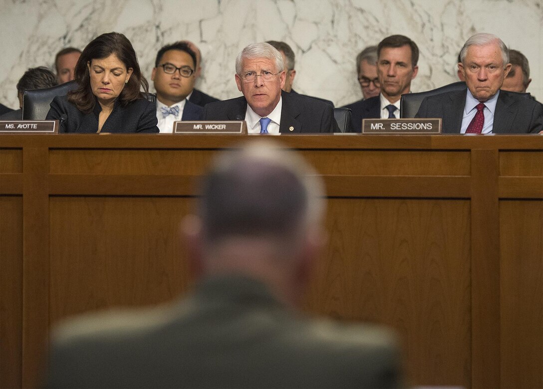 Sen. Roger Wicker asks Marine Corps Gen. Joe Dunford, chairman of the Joint Chiefs of Staff, a question during a Senate Armed Services Committee hearing on counter-Islamic State of Iraq and the Levant operations and Middle East strategy in Washington, D.C., April 28, 2016. DoD photo by Navy Petty Officer 2nd Class Dominique A. Pineiro