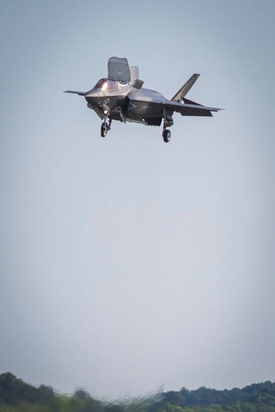 An F-35B Lightning II executes a vertical landing on the flight line aboard Marine Corps Air Station Beaufort April 25. The F-35B is the short take-off/ vertical landing variant of the aircraft allowing it to be more maneuverable in smaller areas. The aircraft is with Marine Fighter Attack Training Squadron 501.