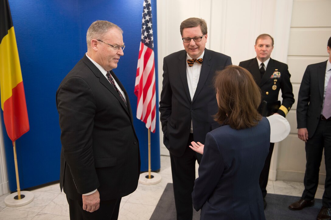 Deputy Defense Secretary Bob Work arrives at the Belgian Ministry of Defense in Brussels, April 28, 2016. DoD photo by Navy Petty Officer 1st Class Tim D. Godbee