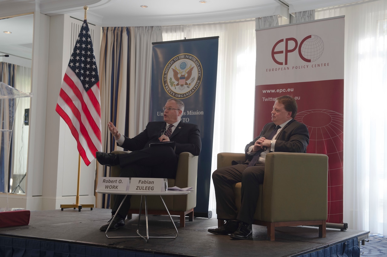 Deputy Defense Secretary Bob Work takes questions from members of the European Policy Centre in Brussels, April 28, 2016. DoD photo by Navy Petty Officer 1st Class Tim D. Godbee