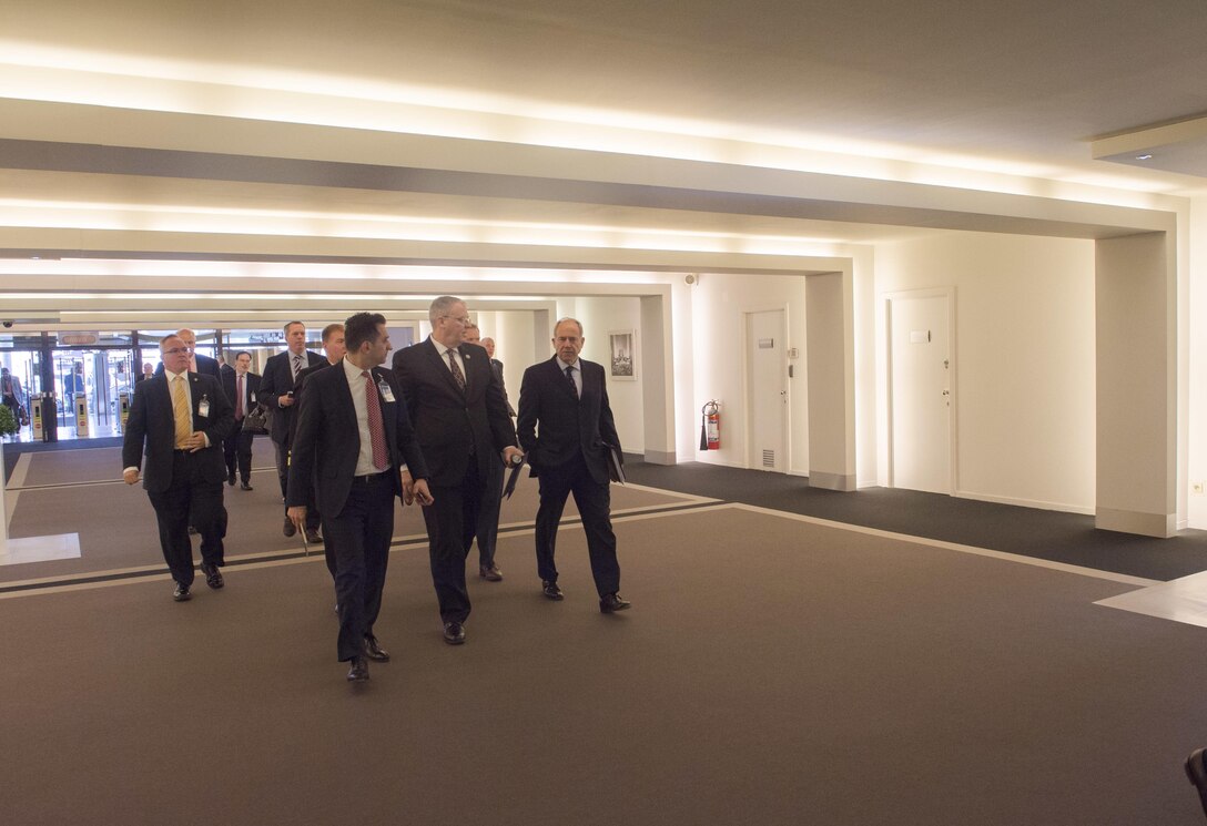 Deputy Defense Secretary Bob Work arrives at NATO headquarters in Brussels, April 28, 2016. Work arrived in Belgium after visiting Sweden during a weeklong trip to meet with regional leaders and NATO officials. DoD photo by Navy Petty Officer 1st Class Tim D. Godbee