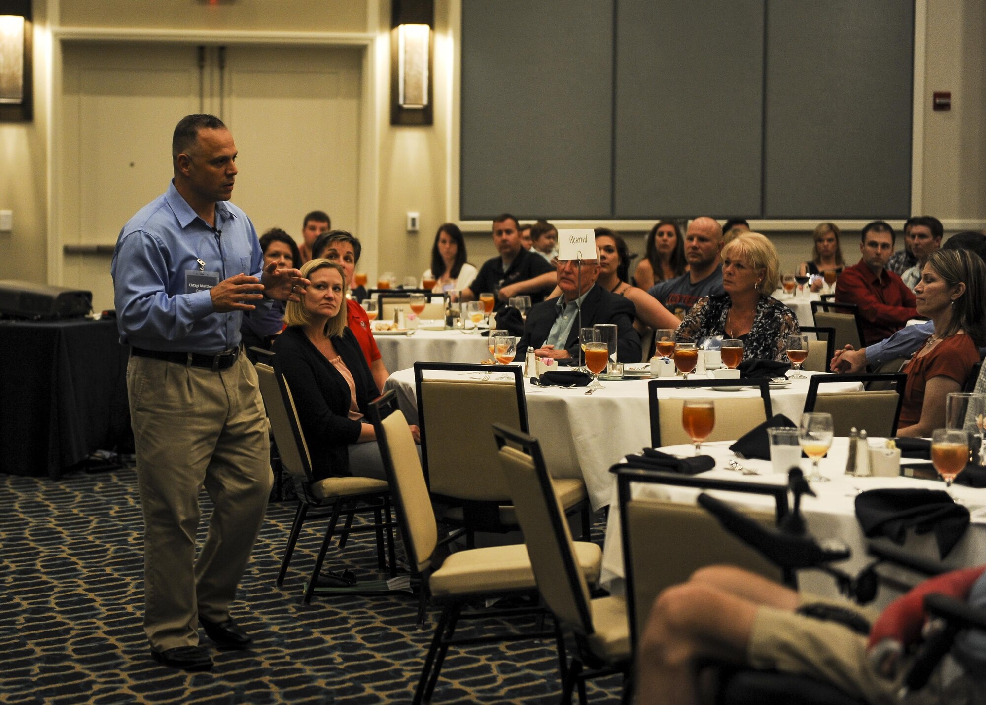 Chief Master Sgt. Matt Caruso, command chief of Air Force Special Operations Command, speaks during the AFSOC Warrior C.A.R.E. Summit at the Hilton Sandestin Beach Golf Resort & Spa April 26, 2016. Nearly 50 Air Commandos attended the event with their family members and caregivers. (U.S. Air Force photo by Senior Airman Meagan Schutter) 