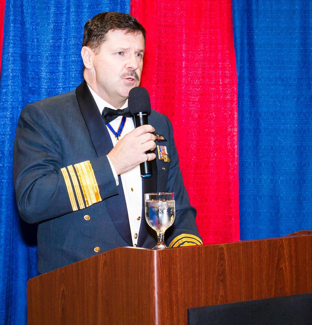 Lt. Gen. Pierre St. Amand, deputy commander for North American Aerospace Defense Command (NORAD), speaks during the Canadian Mess Dinner April 15 at the American Lake Conference Center at Joint Base Lewis-McChord.  St. Amand upheld the brief speech tradition of the mess but did take the time to touch on the long history of the RCAF and he praised the long standing close relationship the U.S. and Canadian military have shared, specifically in NORAD and at the Western Air Defense Sector.  