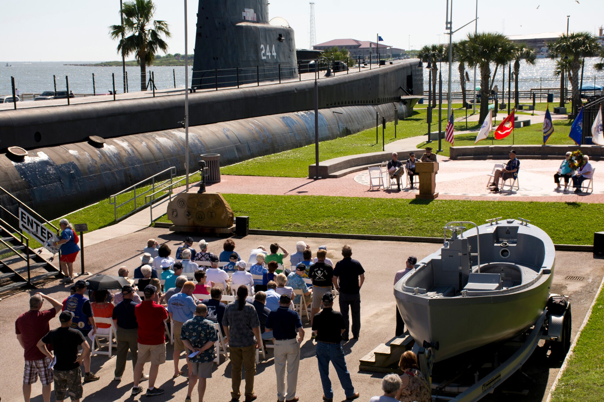 Former crewmembers of submarines USS Cavalla SS - SSK - AGSS - 244 and USS Cavalla SSN 684 gather with their shipmates, families and friends at Seawolf Park in Galveston, Texas, for the “All Cavalla Reunion Memorial Service,” Apr. 23, 2016. The bi-annual reunion is an opportunity for former shipmates to reconnect, make new friends and honor the memory of those submariners who have passed. U.S. Air Force Reserve Master Sgt. Jeff Walston, a public affairs technician assigned to the 913th Airlift Group at Little Rock Air Force Base, Ark., served on the USS Cavalla (SSN 684) from 1977 to 1979, during his 22.5 years in the U.S. Navy. Seawolf Park is dedicated to the USS Seawolf (SS 197) which is still on Eternal Patrol with 83 crewmembers and 17 Army personnel. (Courtesy photo by Eva Walston)