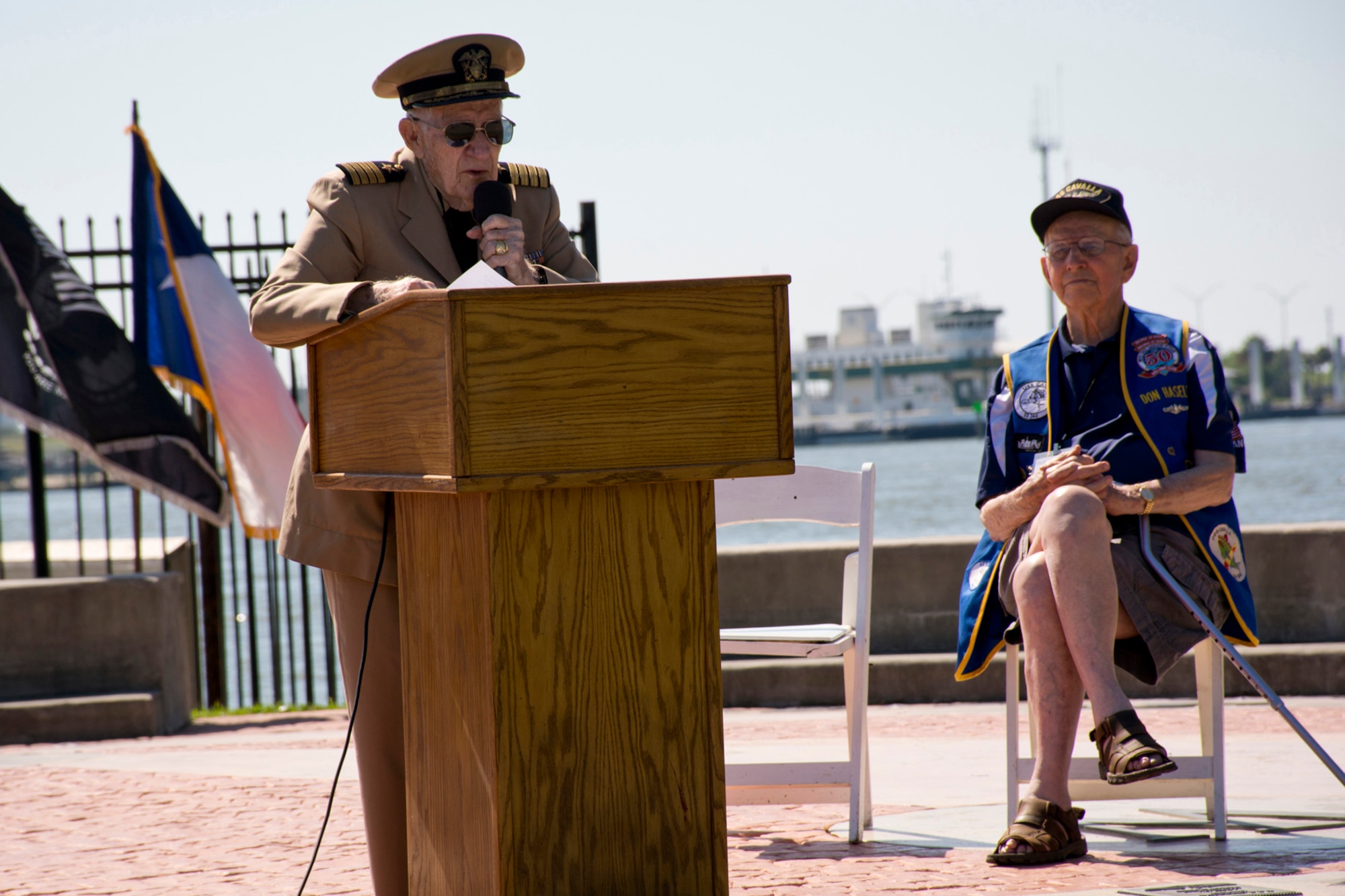 Retired U.S. Navy Capt. Zeke Zellmer, speaks during the “All Cavalla Reunion Memorial Service” at Seawolf Park in Galveston, Texas, Apr. 23, 2016. The bi-annual reunion is an opportunity for former crewmembers of the USS Cavalla SS - SSK - AGSS – 244 and USS Cavalla (SSN 684) to reconnect with each other, make new friends, share sea stories and honor the memory of those submariners who have passed. U.S. Air Force Reserve Master Sgt. Jeff Walston, a public affairs technician assigned to the 913th Airlift Group at Little Rock Air Force Base, Ark., served on the USS Cavalla (SSN 684) from 1977 to 1979, while he was in the U.S. Navy. (Courtesy photo by Eva Walston)