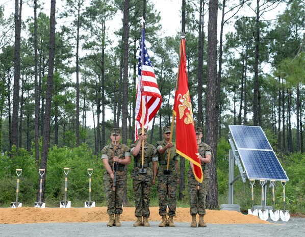 Col. James C. Carroll III, commanding officer, Marine Corps Logistics Base Albany, addresses attendees during a large-scale solar facility ground breaking ceremony held aboard the installation, April 28.